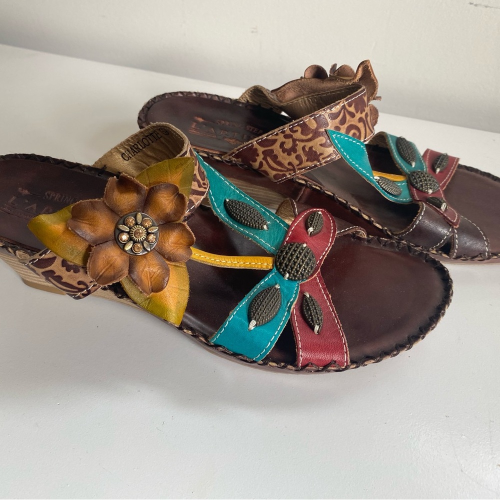 L'Artiste Charlotte 39 Women's Colorful Wedge Sandals‎ Multicolor Straps Flower